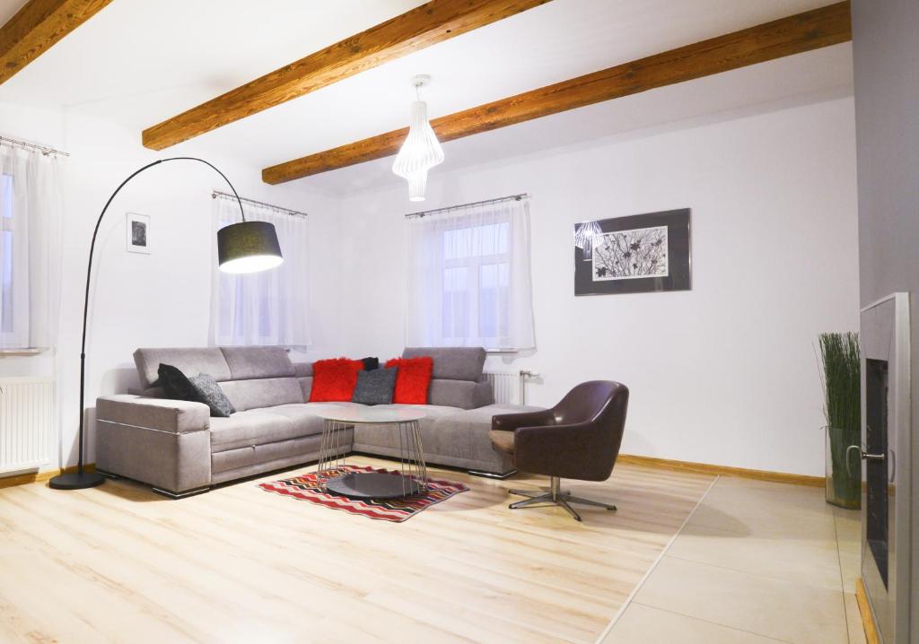 sala de estar con sofá y silla en Apartament Topczewo, en Topczewo