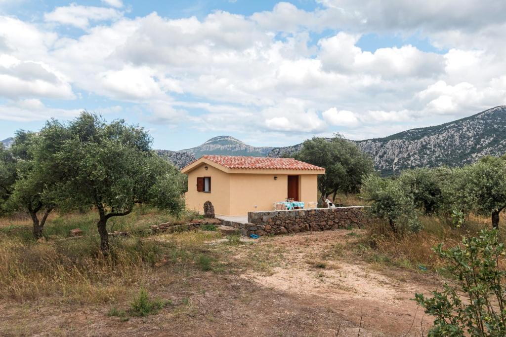 a house in a field with mountains in the background at S'Ulumu in Dorgali