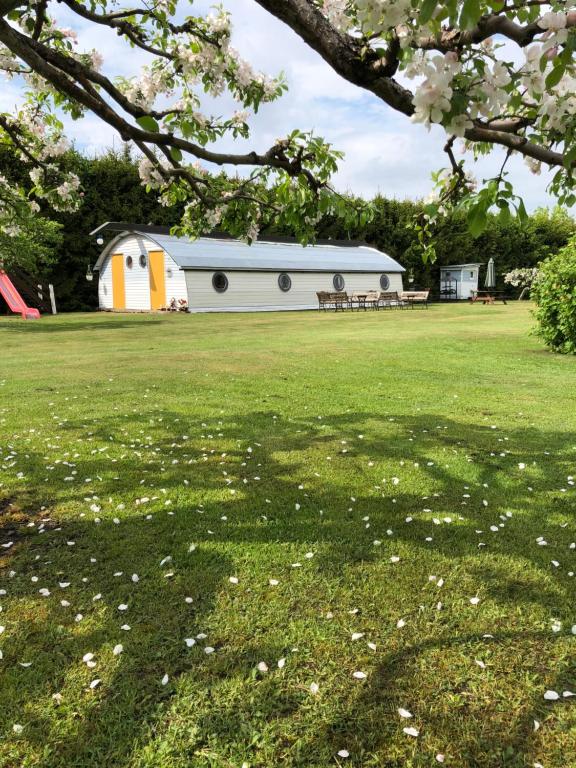 a white barn with a blue roof in a field at Kipperi Turismitalu in Saulepa