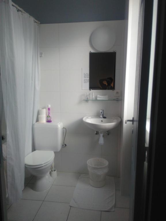 a white bathroom with a toilet and a sink at Eurotel in Liège
