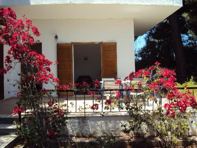 a house with pink flowers in front of it at Country House in Mati