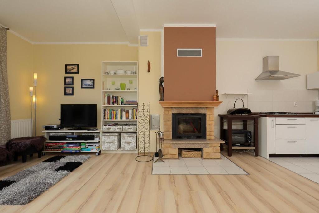 a living room with a fireplace and a tv at Jantar Apartamenty - Rodzinny apartament z ogrodem in Grzybowo