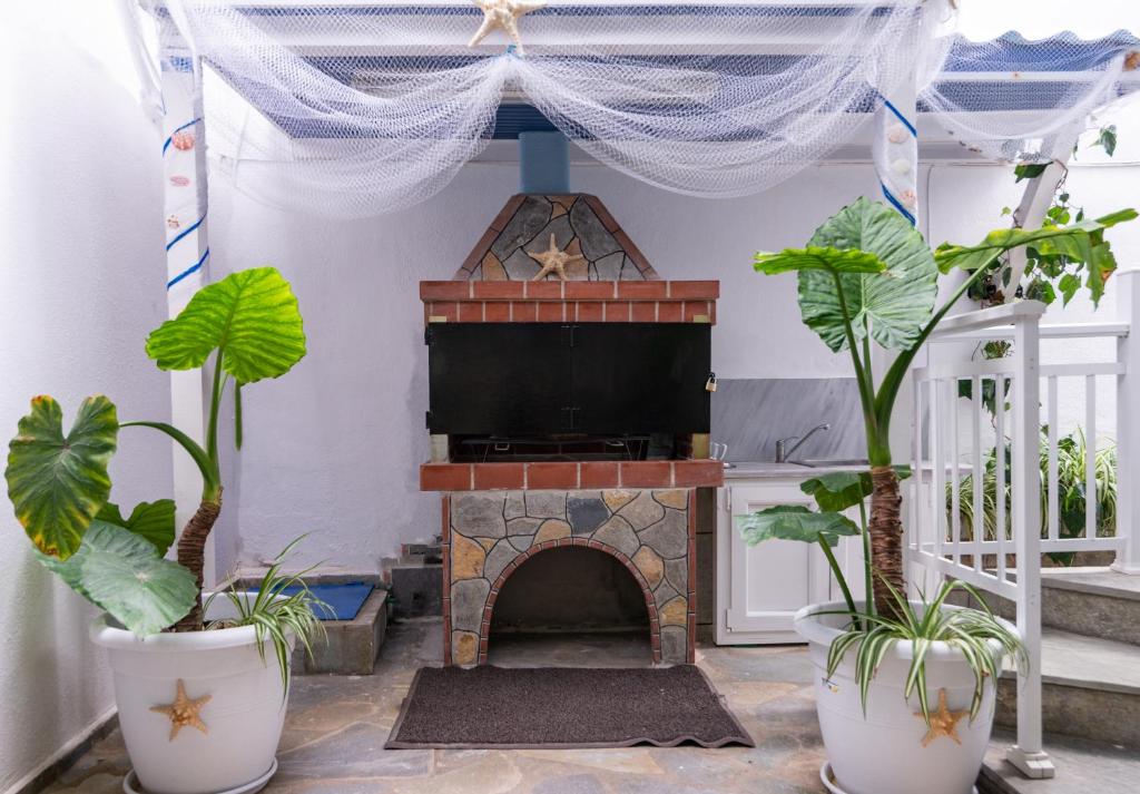 a fireplace in a living room with two potted plants at House Katerina Mediterranean in Sarti