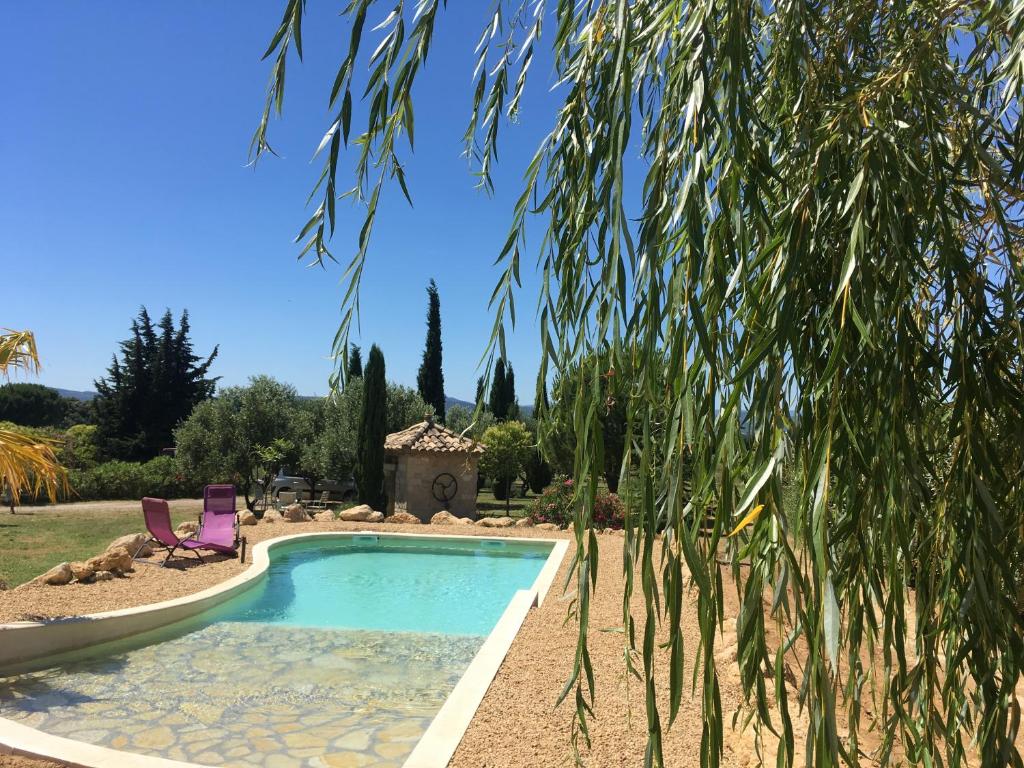 een zwembad in een tuin met een paarse stoel bij Mas de la Frigoule in Le Pouget