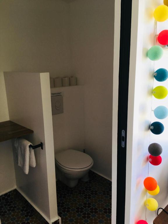 a bathroom with a toilet in a room at Les Chambres d&#39;Hôtes de Bordustard in Le Palais