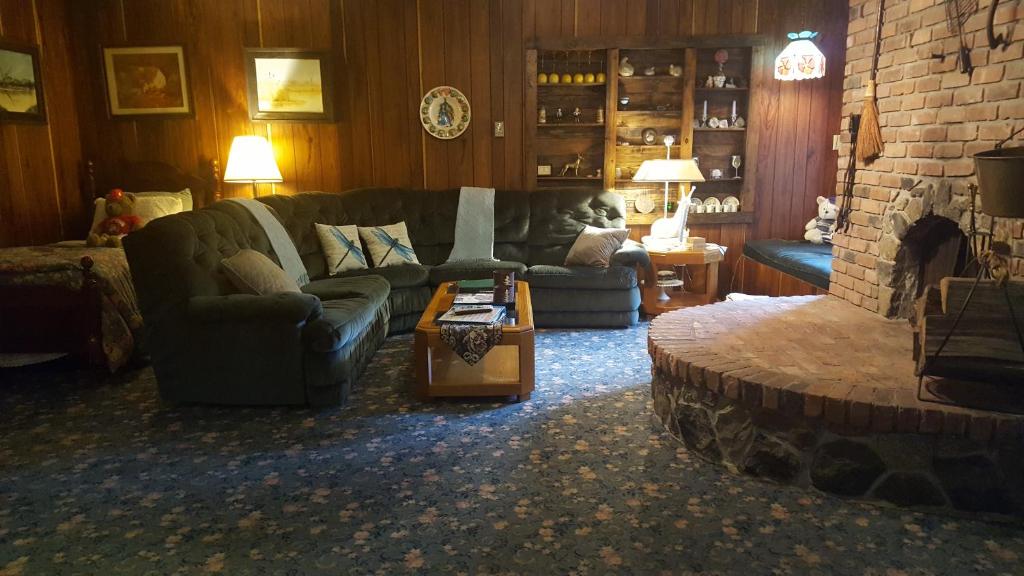 a living room with a couch and a fireplace at Whisperin' Pines Chalet in Cooperstown