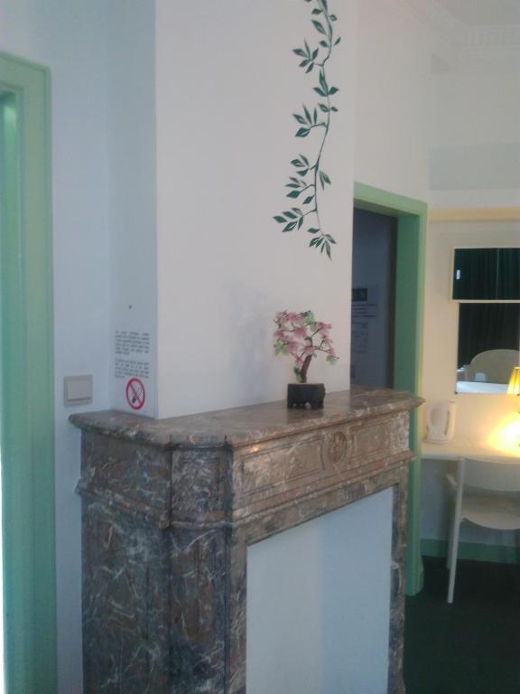 a fireplace with a vase of flowers on top of it at Eurotel in Liège