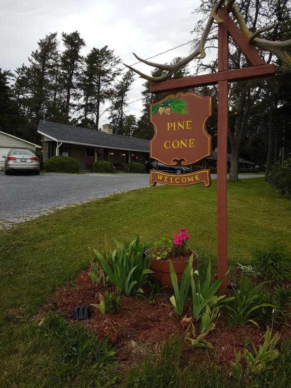 una señal para un teatro de piñas en un patio en Pinecone Motel en Sussex