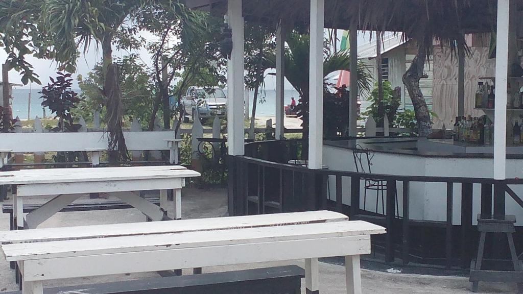 two white benches sitting in front of a building at Drifters@One Mile in Negril