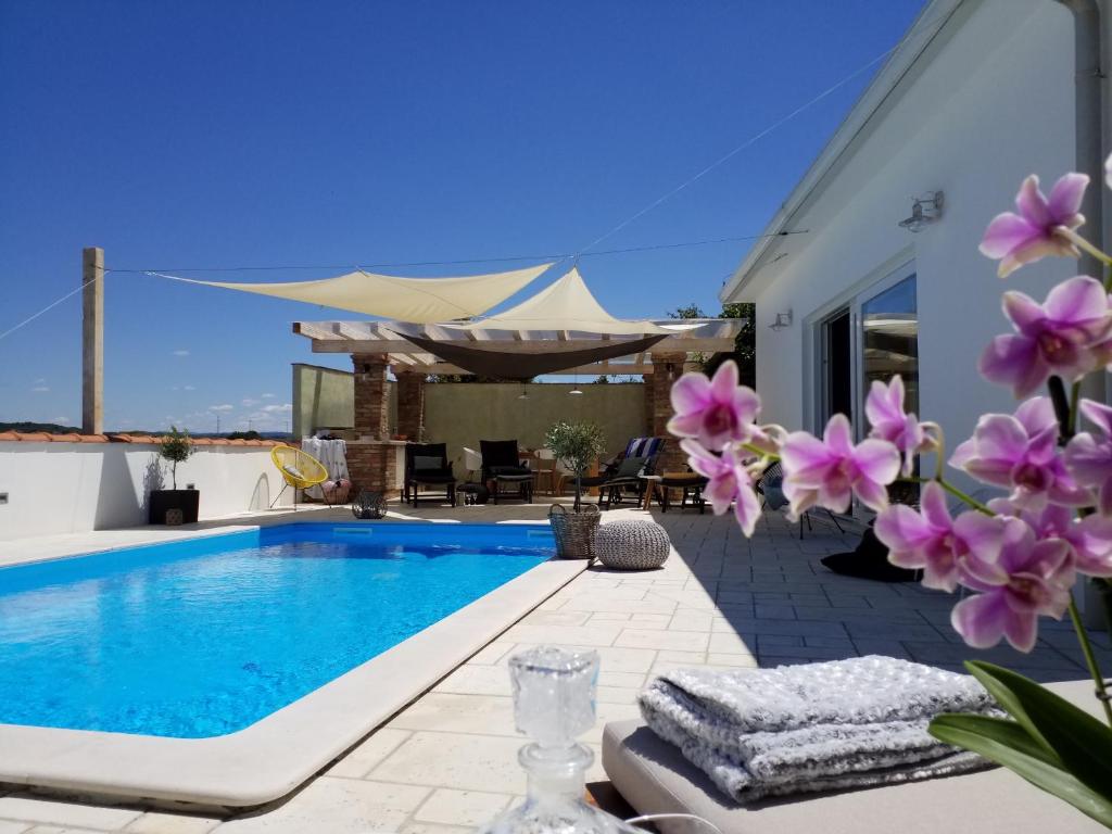 een villa met een zwembad en paarse bloemen bij Casa Emilia in Umag