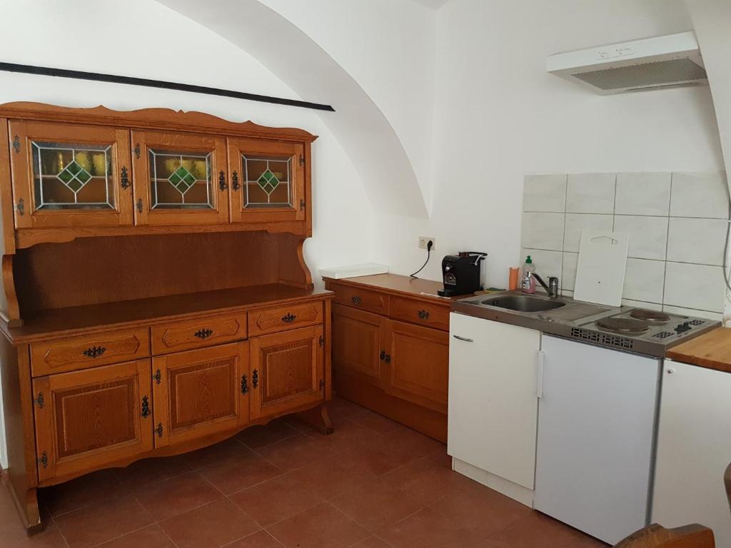 a small kitchen with wooden cabinets and a sink at Artemis Farmapartment in Loimeth