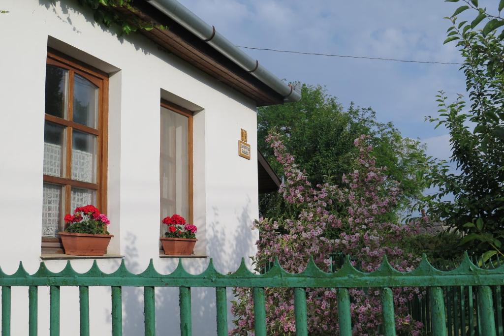 uma casa branca com duas janelas e uma cerca verde em Cserépkályhás Vendégház em Panyola