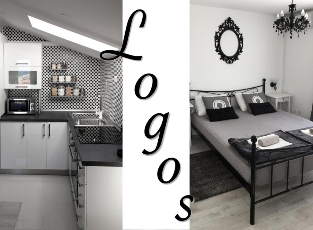 a black and white bedroom with a bed and a kitchen at Apartments Logos in Trogir