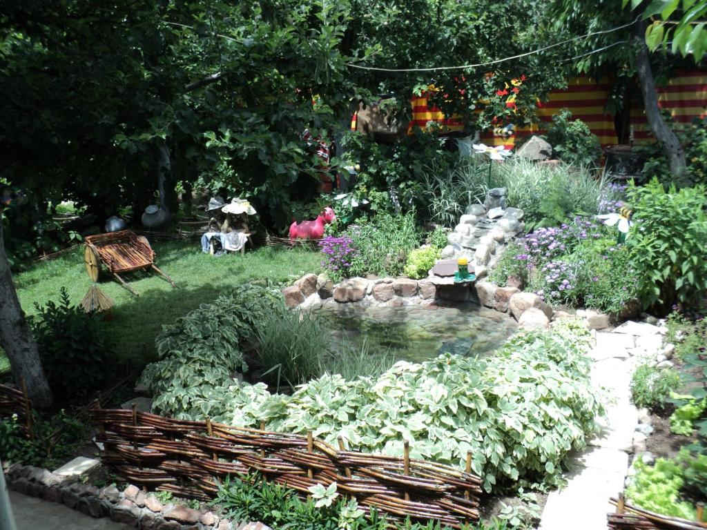 einen Garten mit einem Teich und einigen Pflanzen in der Unterkunft Olga Guest House in Tscholponata