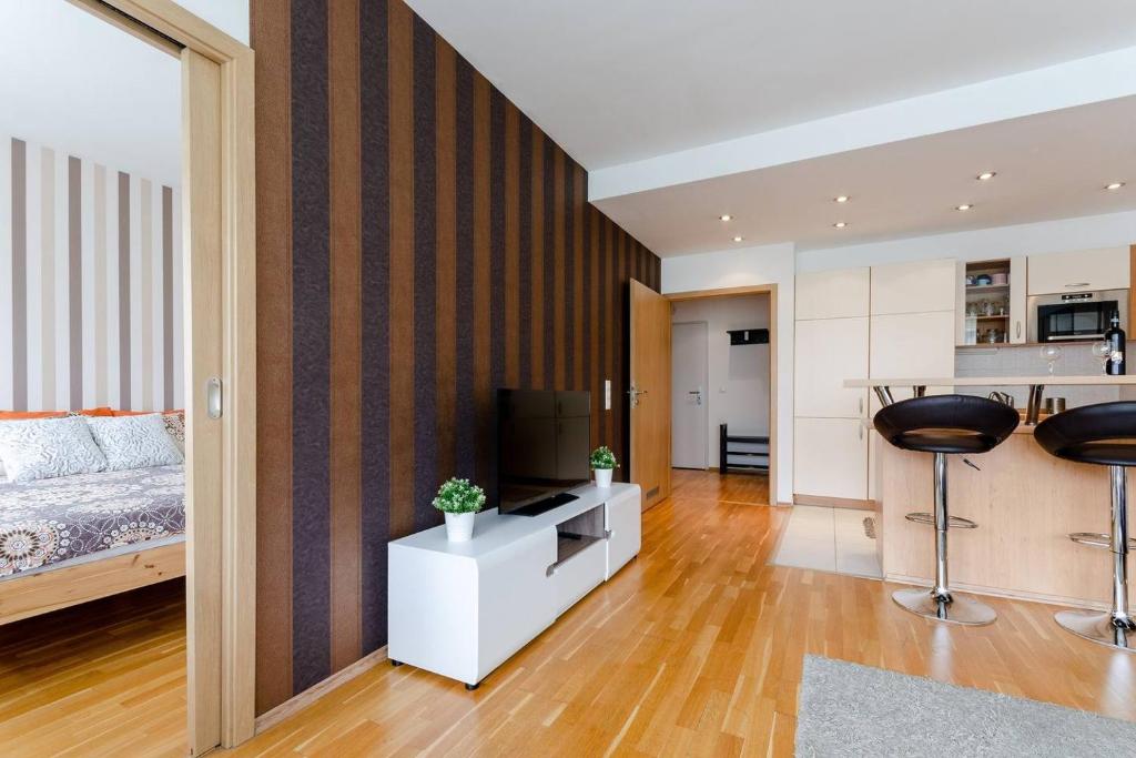 Kuchyň nebo kuchyňský kout v ubytování Flat at the Danube with wellness