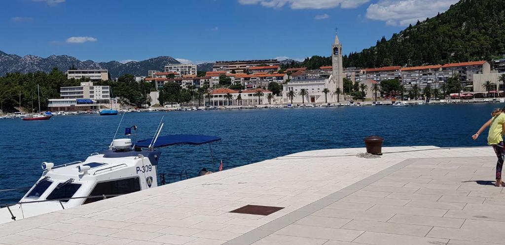 a person standing on a dock with a boat in the water at Apartman "Lara" in Ploče