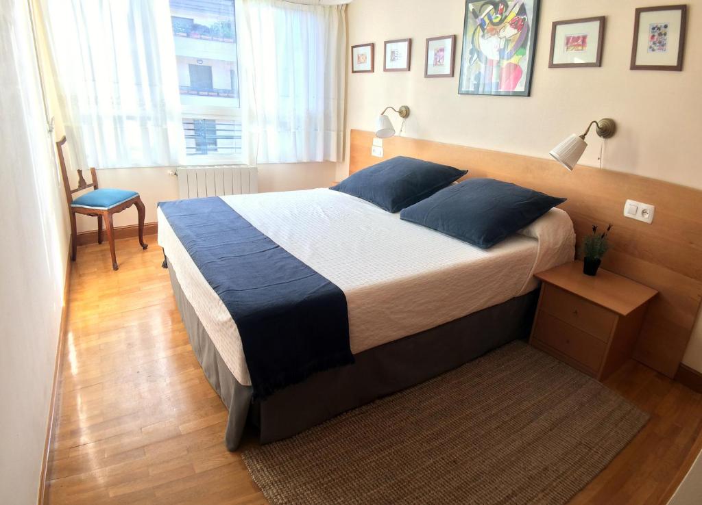 ein Schlafzimmer mit einem großen Bett mit blauen Kissen in der Unterkunft VT Musikene Parking ESS01579 in Añorga-Lugariz
