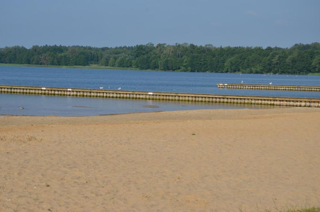a beach with a pier in the water at Luksusowy Apartament przy Plaży Niegocin in Giżycko