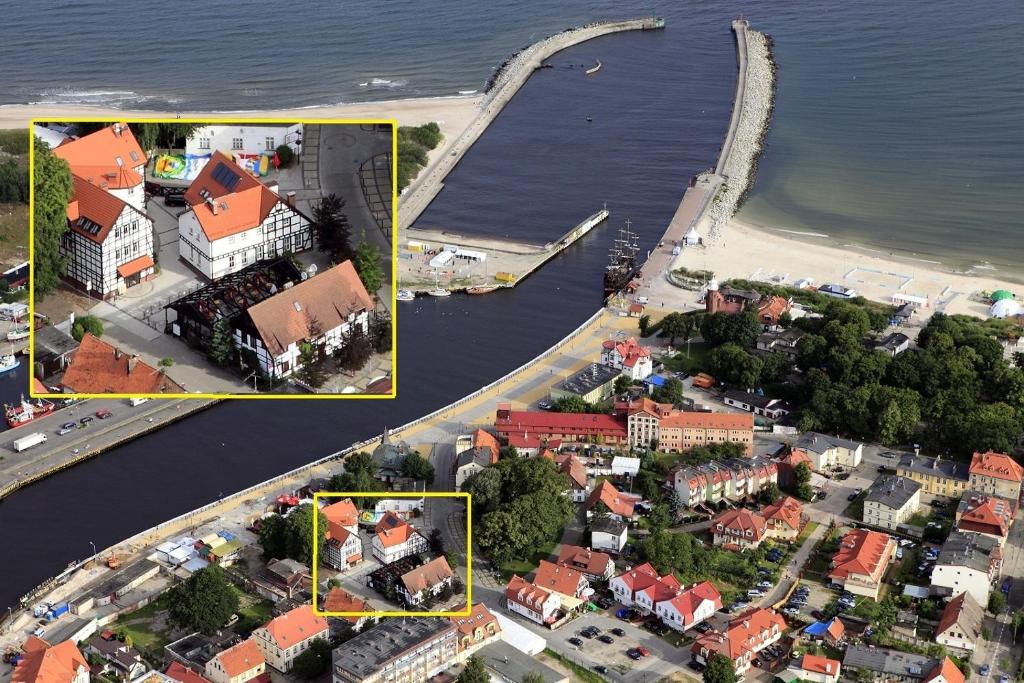 two pictures of a small town next to a body of water at Fisherman's House in Ustka