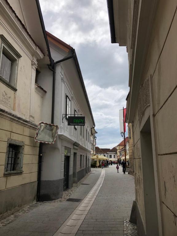 eine Gasse mit einem Straßenschild an der Seite eines Gebäudes in der Unterkunft Apartma Linhartov trg in Radovljica