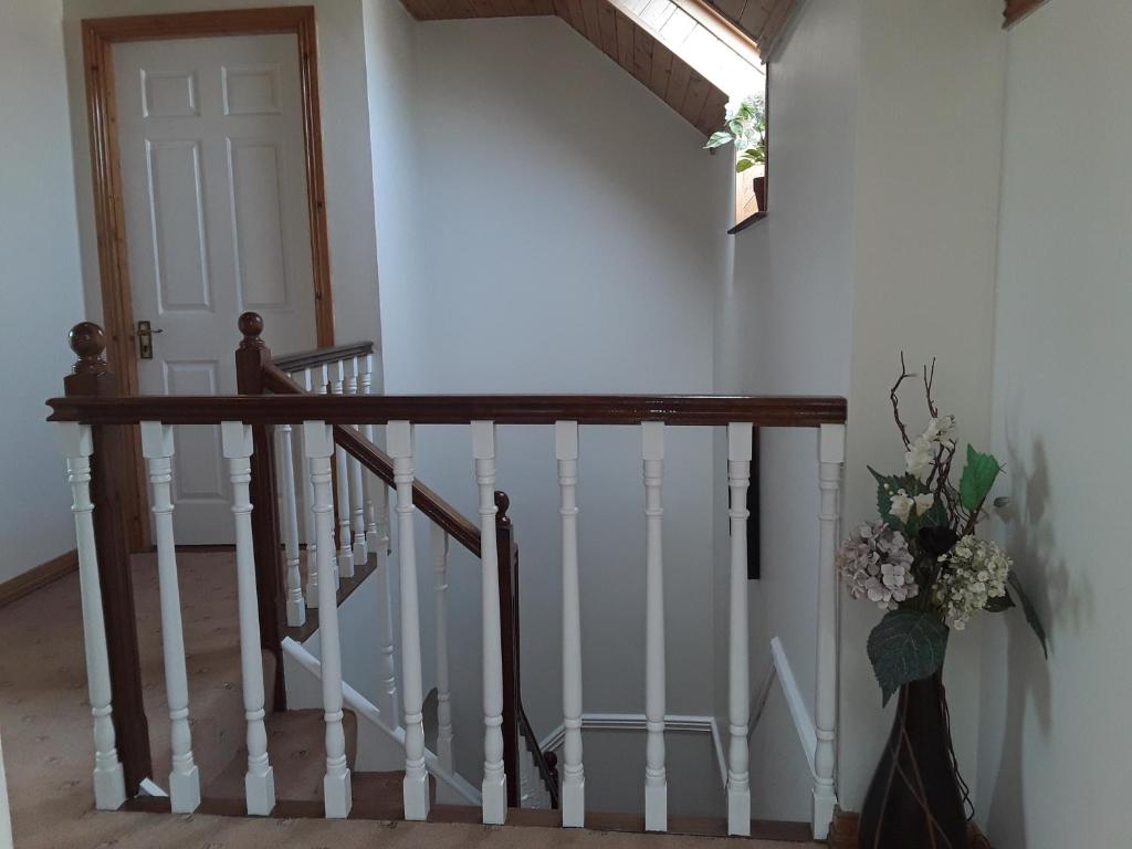 a stairway with a vase of flowers next to a door at Greenmount Accommodation in Killarney