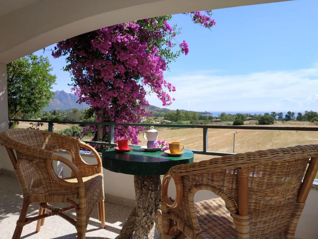 una mesa y sillas en un balcón con un árbol en Vacanza in Ogliastra, en Tertenìa