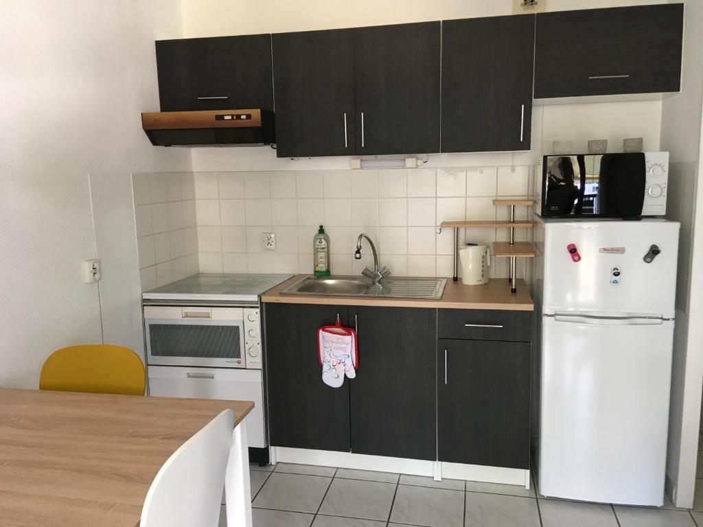 a kitchen with black cabinets and a white refrigerator at Au cœur de Saint-Jorioz in Saint-Jorioz