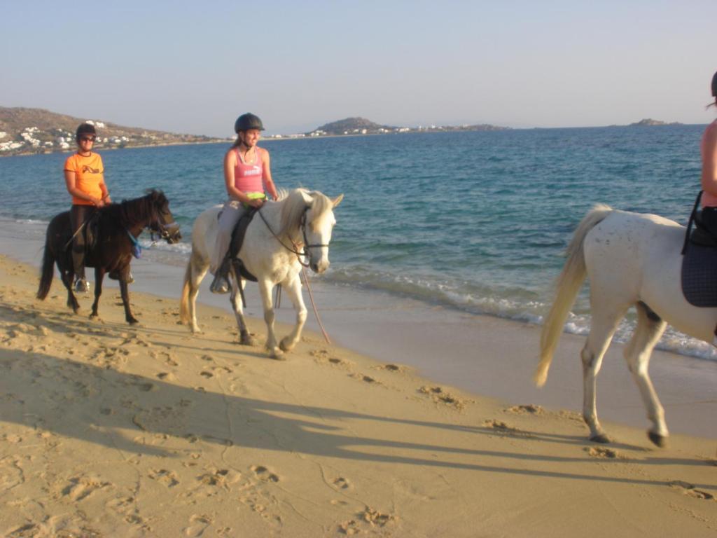 two people riding horses on the beach at Blue Harmony Apartments in Plaka