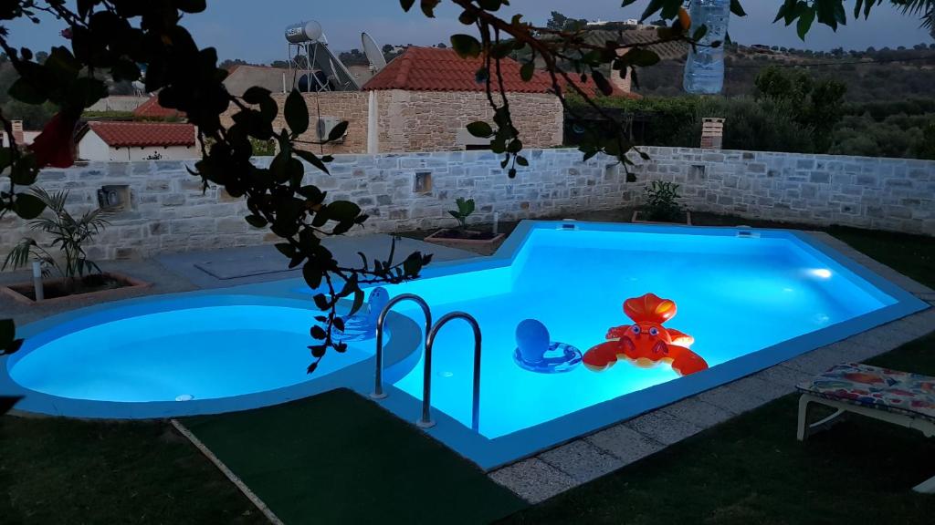 a pool in a backyard with a teddy bear in the middle at Villa Zahner in Pitsidia