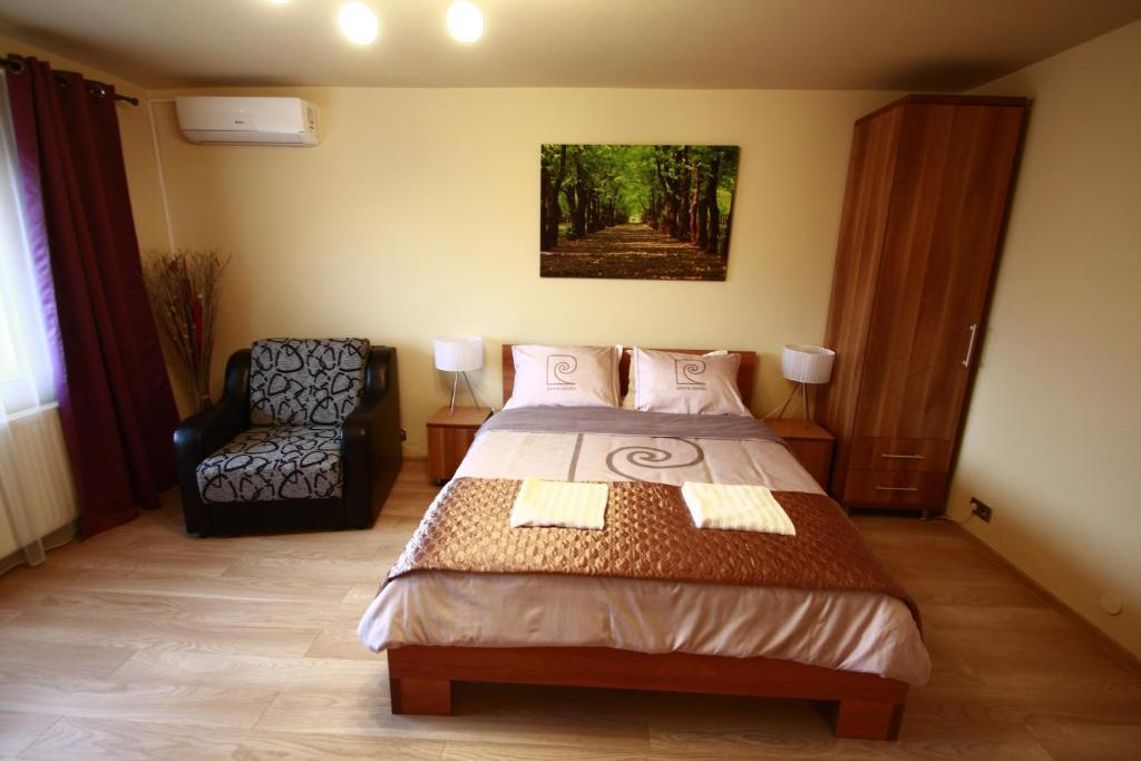 a bedroom with a large bed and a chair at Sunshine View in Cluj-Napoca