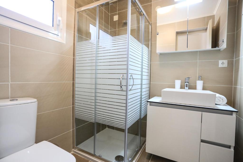 a bathroom with a shower and a sink and a toilet at Skouros Villa in Kastrí