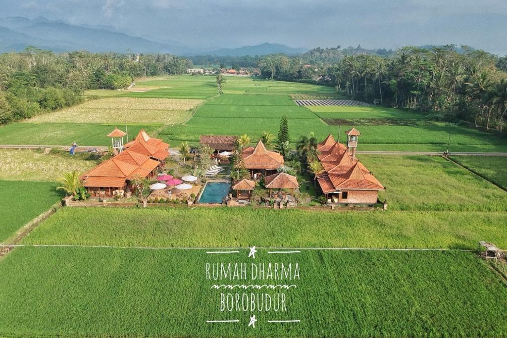 an aerial view of a resort in a field at Rumah Dharma in Borobudur