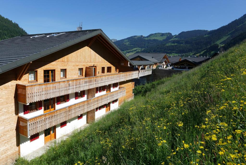 un bâtiment sur une colline avec un champ de fleurs dans l'établissement Résidence Néméa Le Grand Lodge, à Châtel