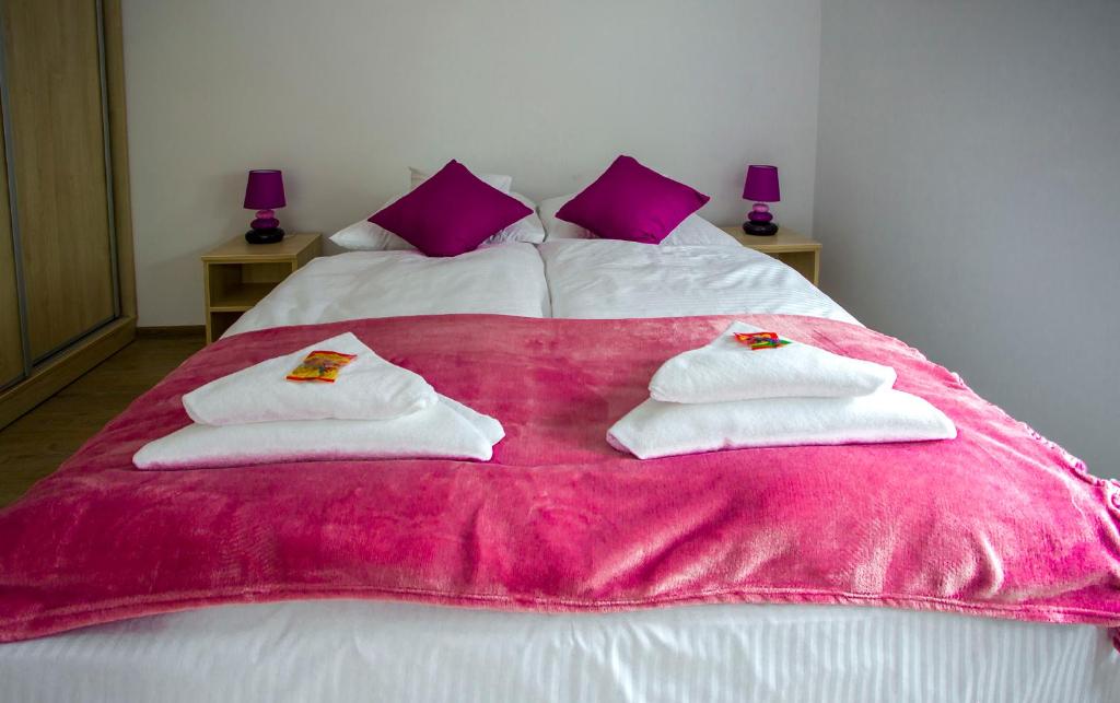 ロビにあるApartamenty Piaskowe Rowyのピンクの毛布にタオル2枚を敷いたベッド1台