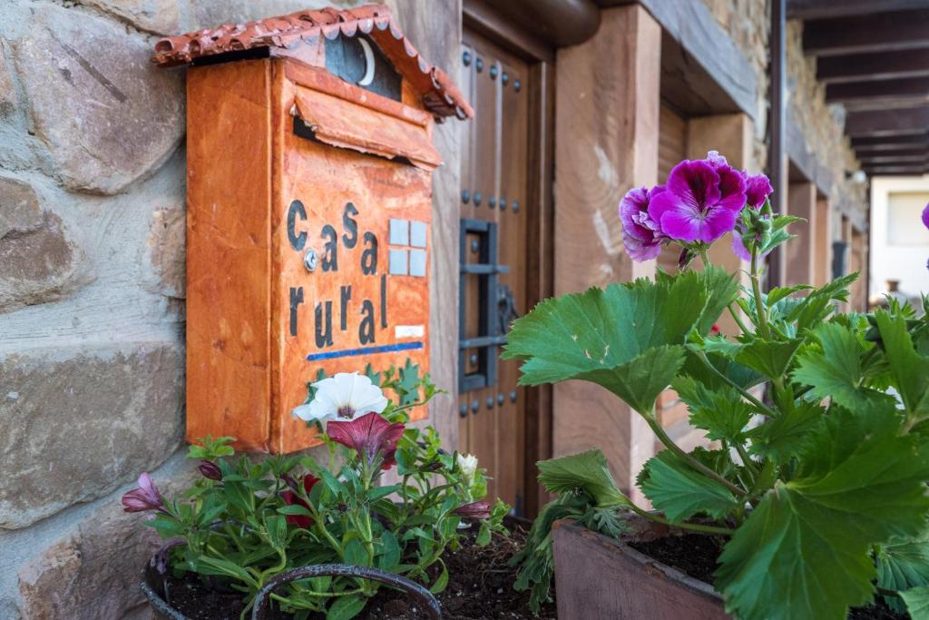 Una casa de pájaros sentada junto a unas flores. en Casa Rural El Serrano, en Prioro