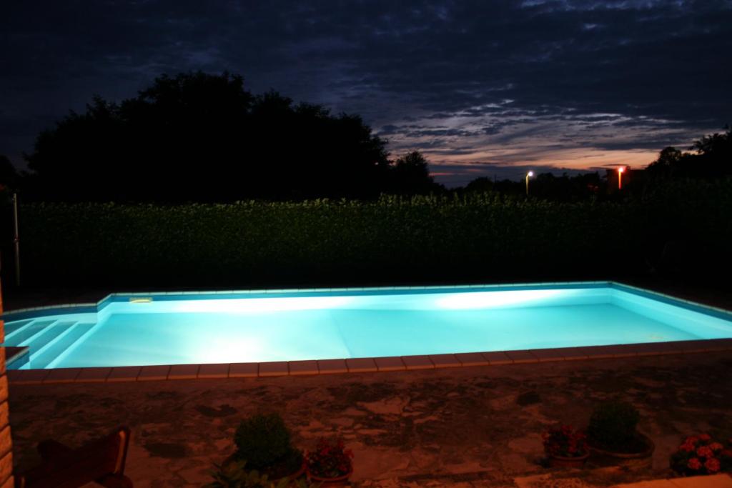 a swimming pool lit up at night at Family house on private property with pool in Žbandaj