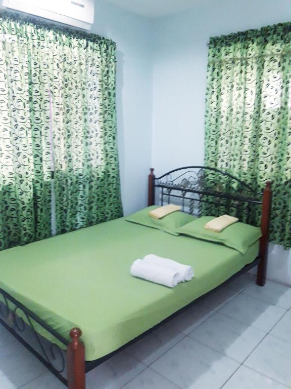um quarto com uma cama verde com cortinas verdes em D downhill'Place em Oslob