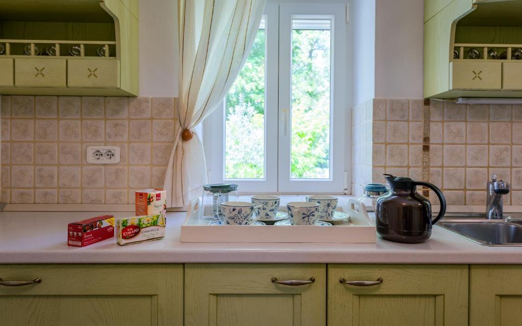 w kuchni z umywalką i oknem w obiekcie Villa Lipa w mieście Krnica