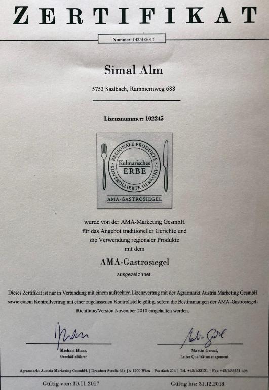 Simal Alm tanúsítványa, márkajelzése vagy díja