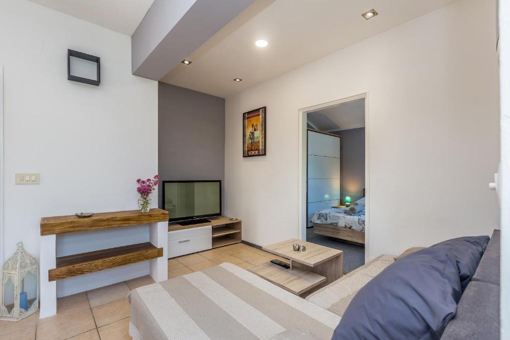 a living room with a couch and a tv at Apartment Brzac in Brzac
