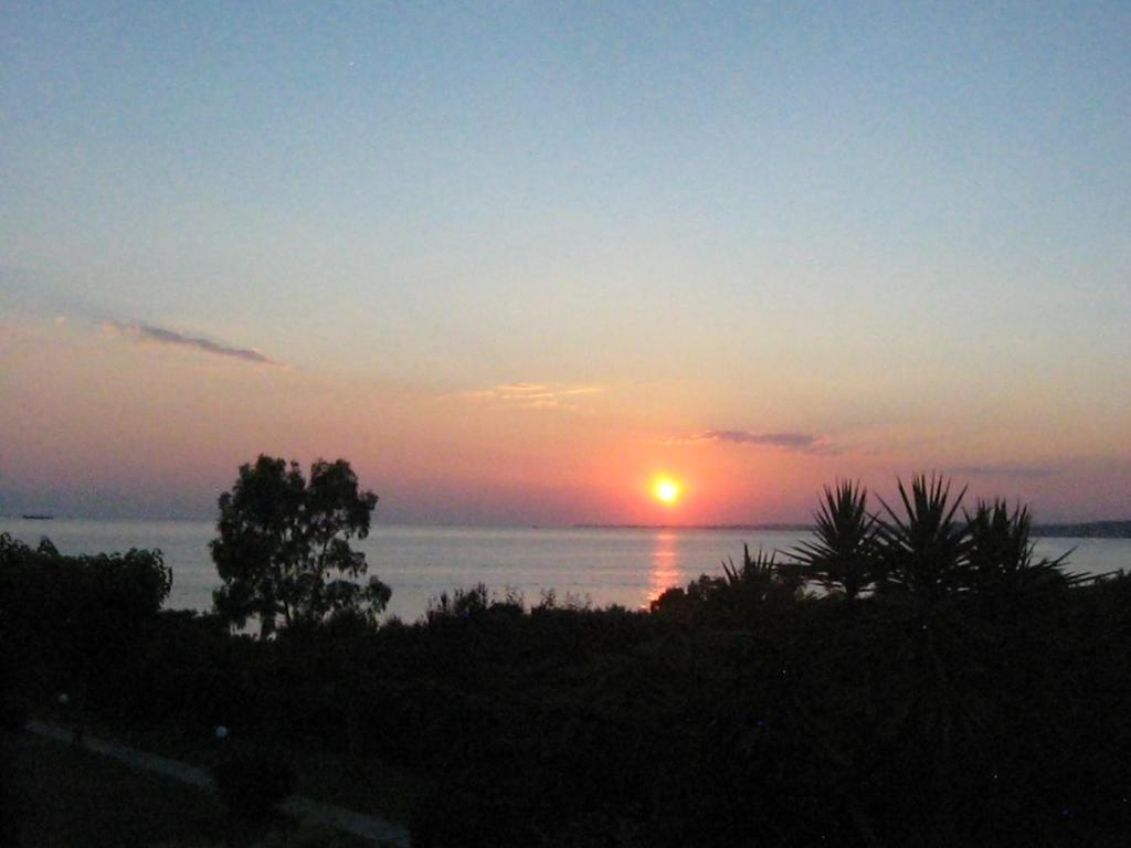 einen Sonnenuntergang über dem Wasser mit einem Baum im Vordergrund in der Unterkunft Beach house in Nea Potidaea