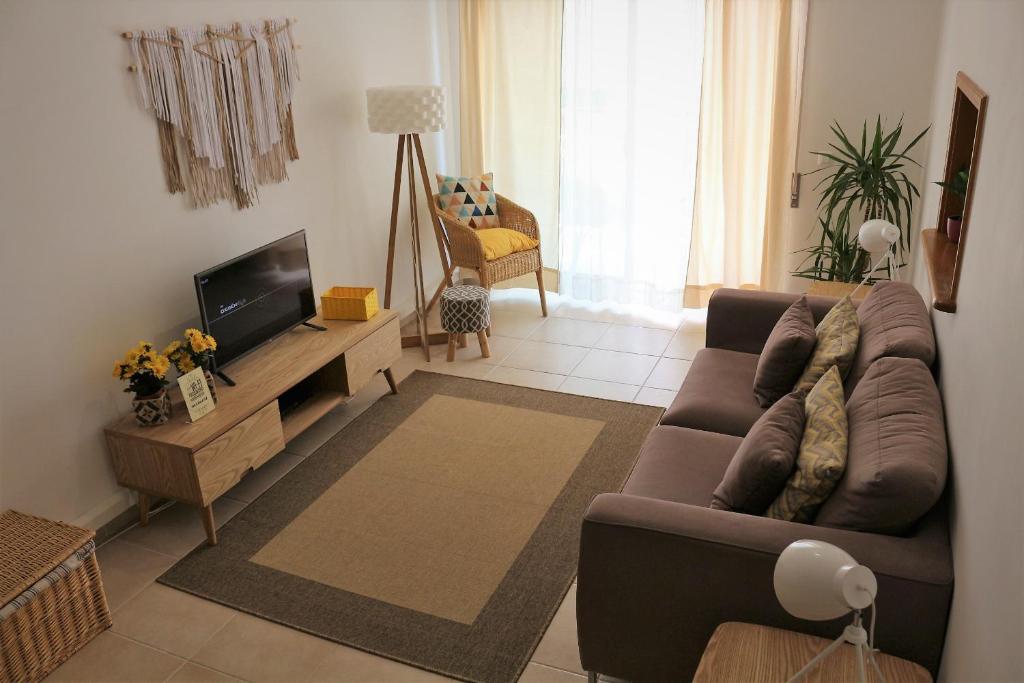 sala de estar con sofá marrón y TV en Casa da Felicidade, en Lagos