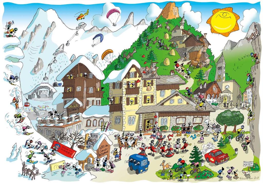 an illustration of a mountain town with many people at Hotel Dei Camosci in Courmayeur