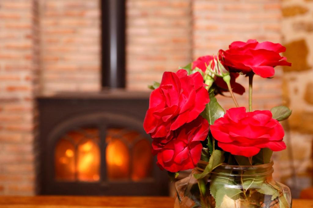 a vase filled with red roses in front of a fireplace at Ca Miquelet - Turistrat in Albocácer