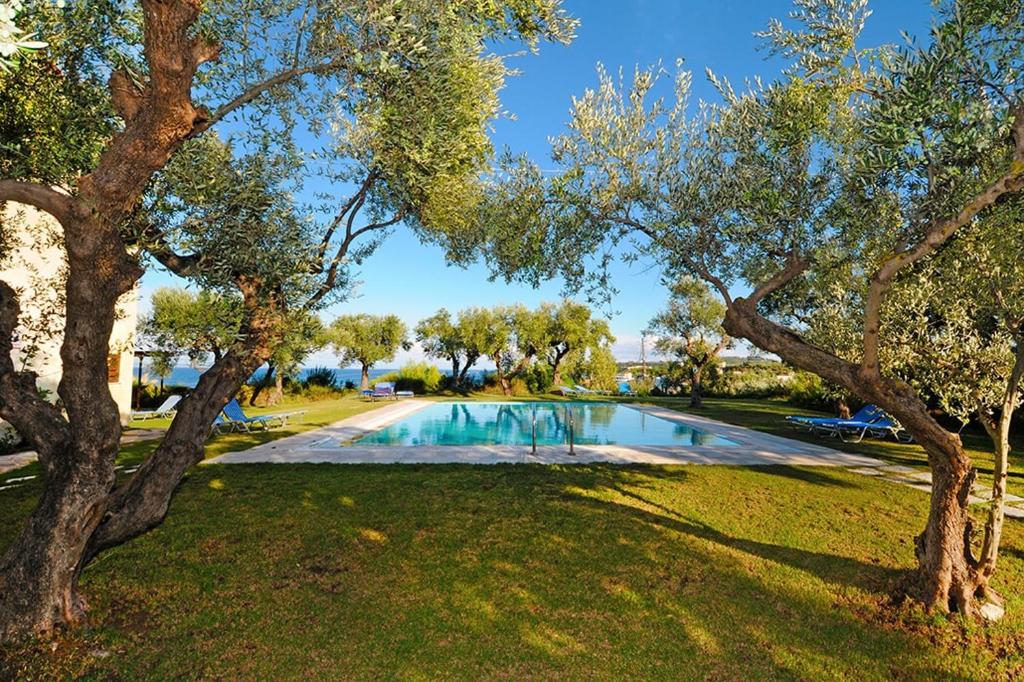 a swimming pool in a park with trees at Limanaki in Tsilivi