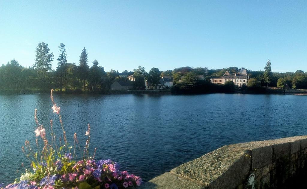 a view of a lake with houses in the background at Ti Ar Bugale in Huelgoat