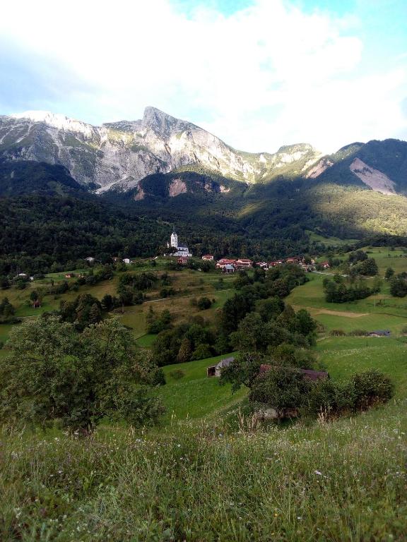 a view of a green field with mountains in the background at Apartma Metija LUX z savno in Kobarid