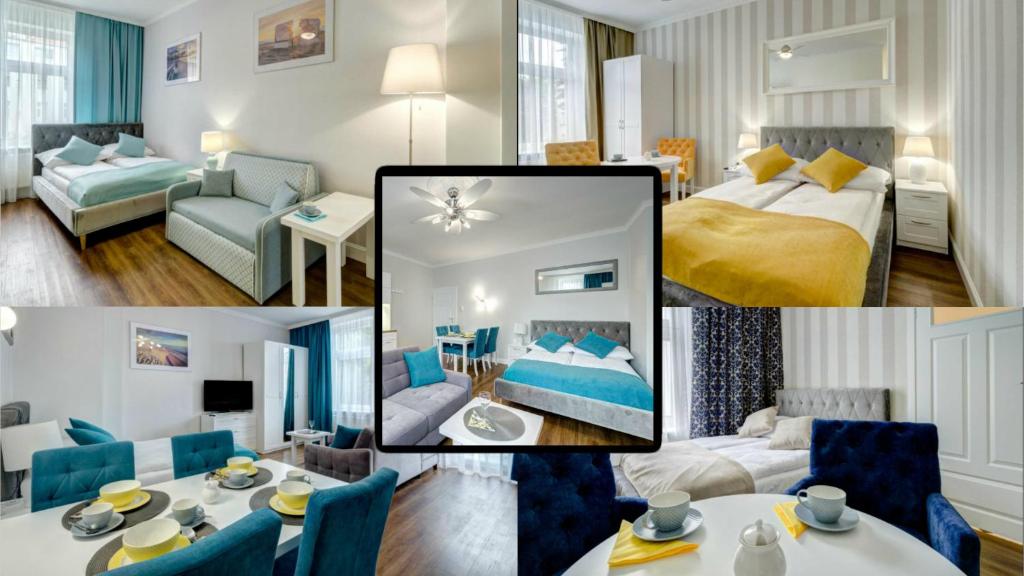 a collage of four pictures of a hotel room at 3 City Apartments - Solaro in Sopot