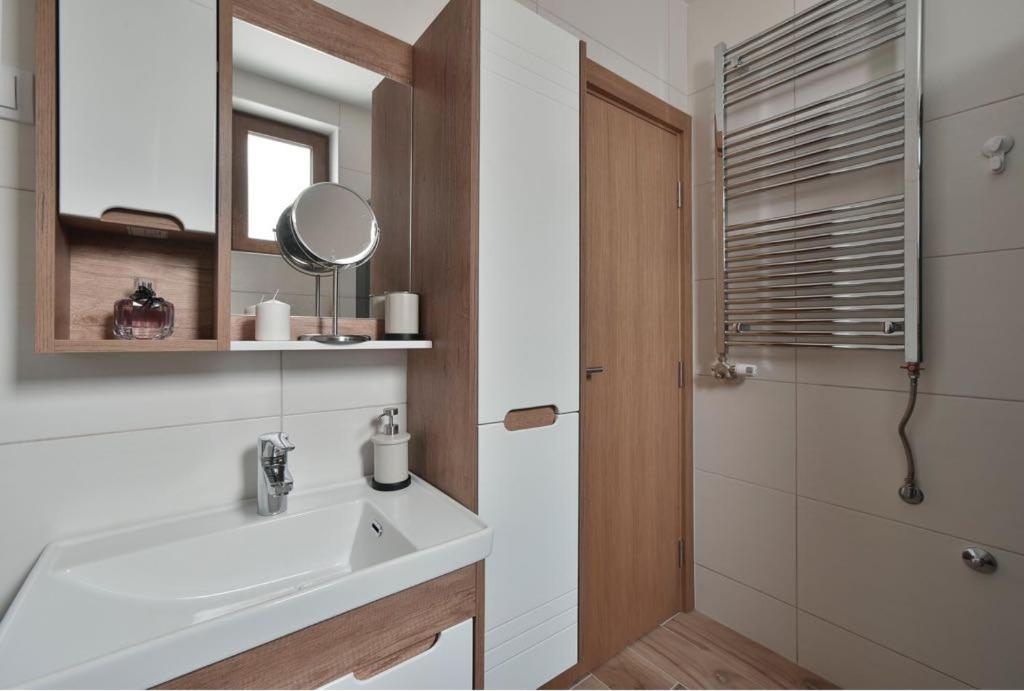 a bathroom with a sink and a mirror and a shower at Lux Apartman Daria in Zlatibor