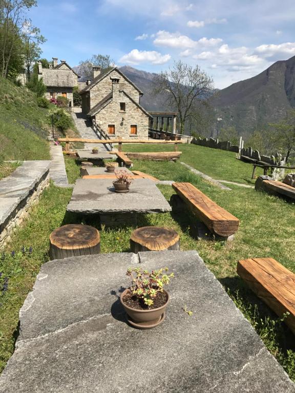 un groupe de tables de pique-nique et de bancs avec des montagnes en arrière-plan dans l'établissement Agriturismo La Tensa, à Domodossola